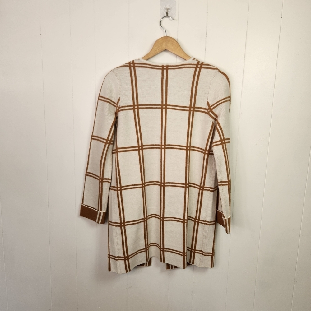Rain & Rose Open Front Soft Cardigan Off White Tan Plaid Size Medium Office Fall - Picture 3 of 7